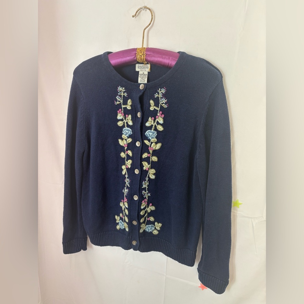 VTG Blue Knit Embroidered Floral Cabincore Cottagecore‎ Cardigan Sweater Women M